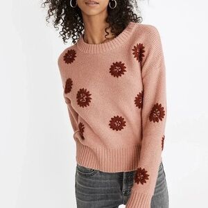 Madewell Pink Embroidered Floral Crew Neck Sweater